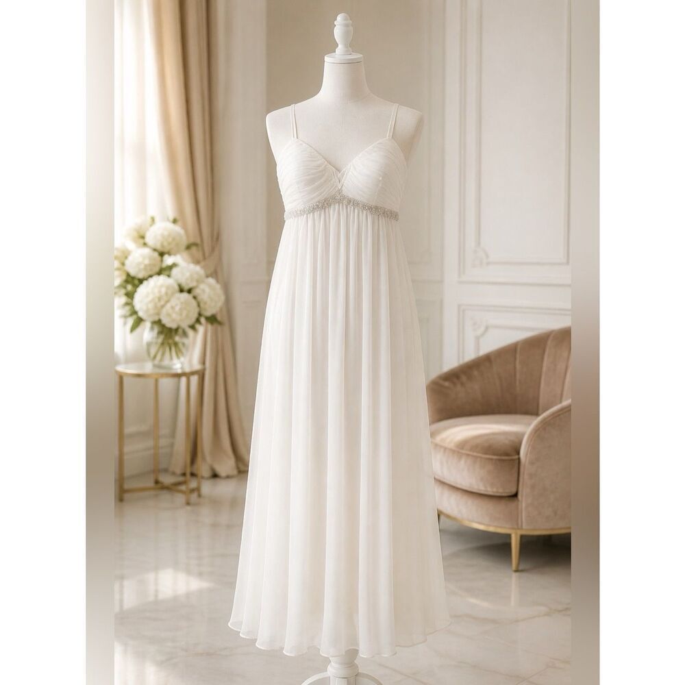 Elegant White Chiffon Empire Waist Spaghetti Strap Wedding Dress size large EUC
